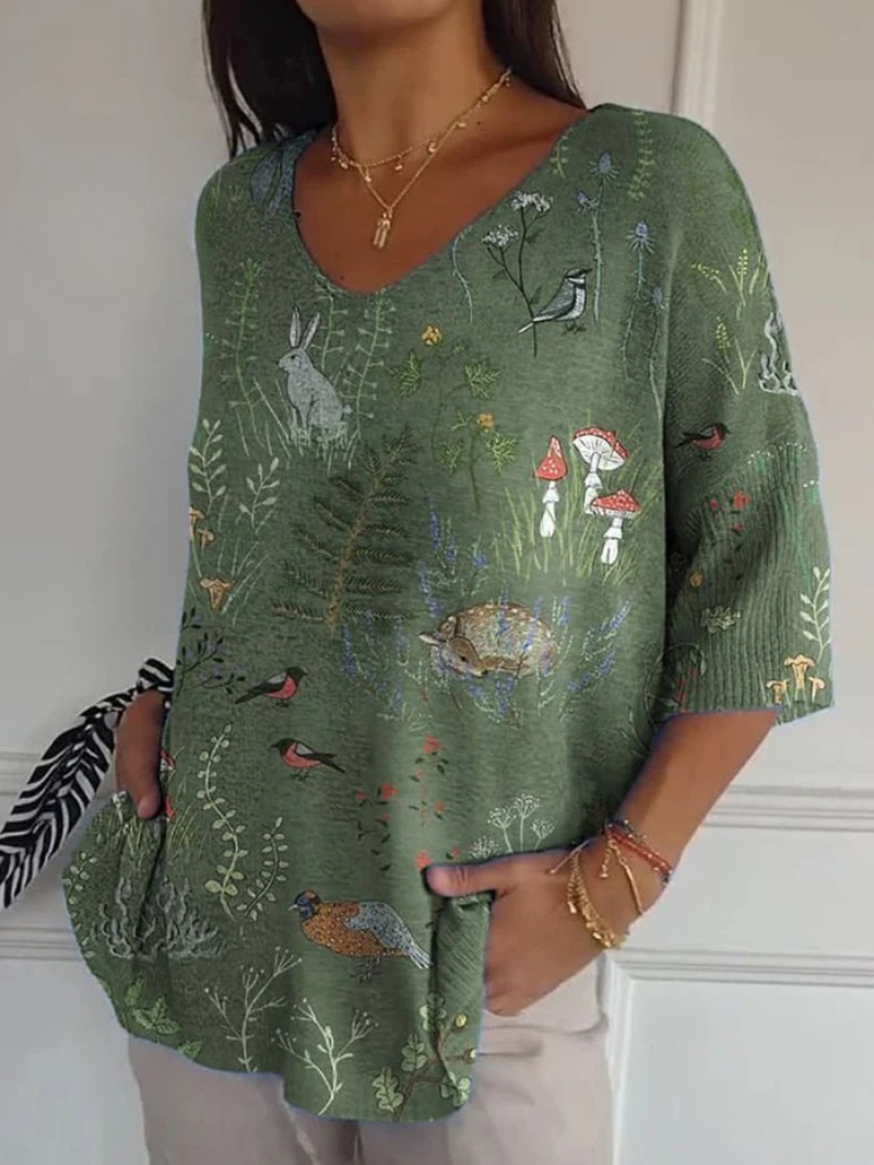 Pull décontracté en maille pour femme avec motif répétitif de forêt et d'animaux