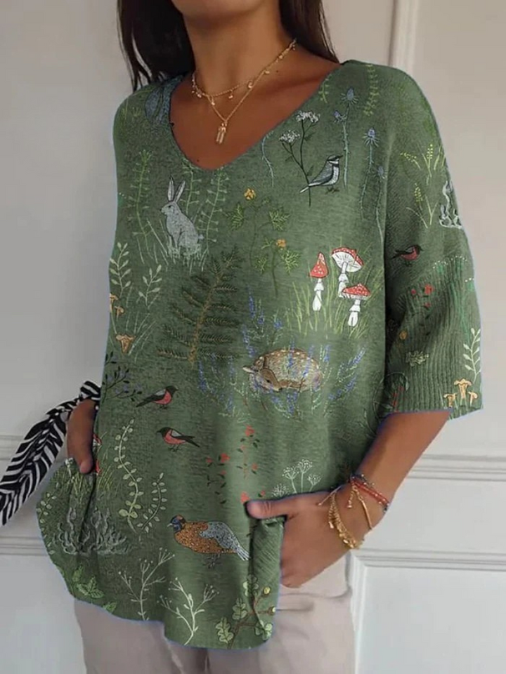 Suéter casual de punto para mujer con estampado repetido de bosque y animales