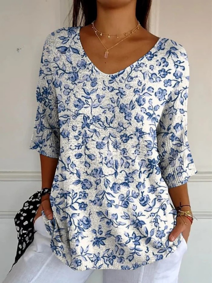 Suéter casual de punto para mujer con estampado de pequeñas flores azules