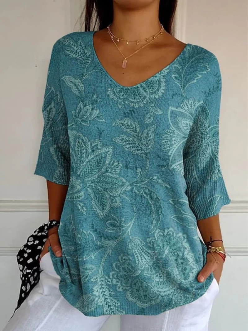 Suéter informal de punto para mujer con estampado artístico floral étnico vintage