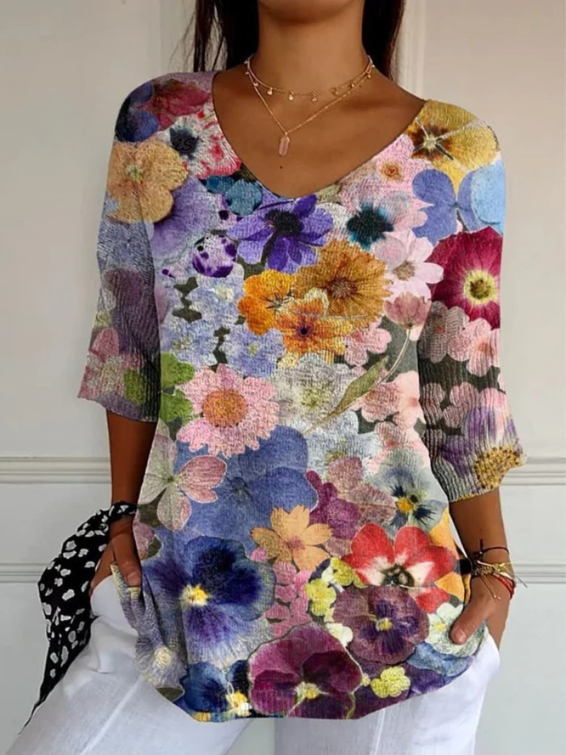 Pull décontracté en maille pour femme avec joli motif floral vintage imprimé