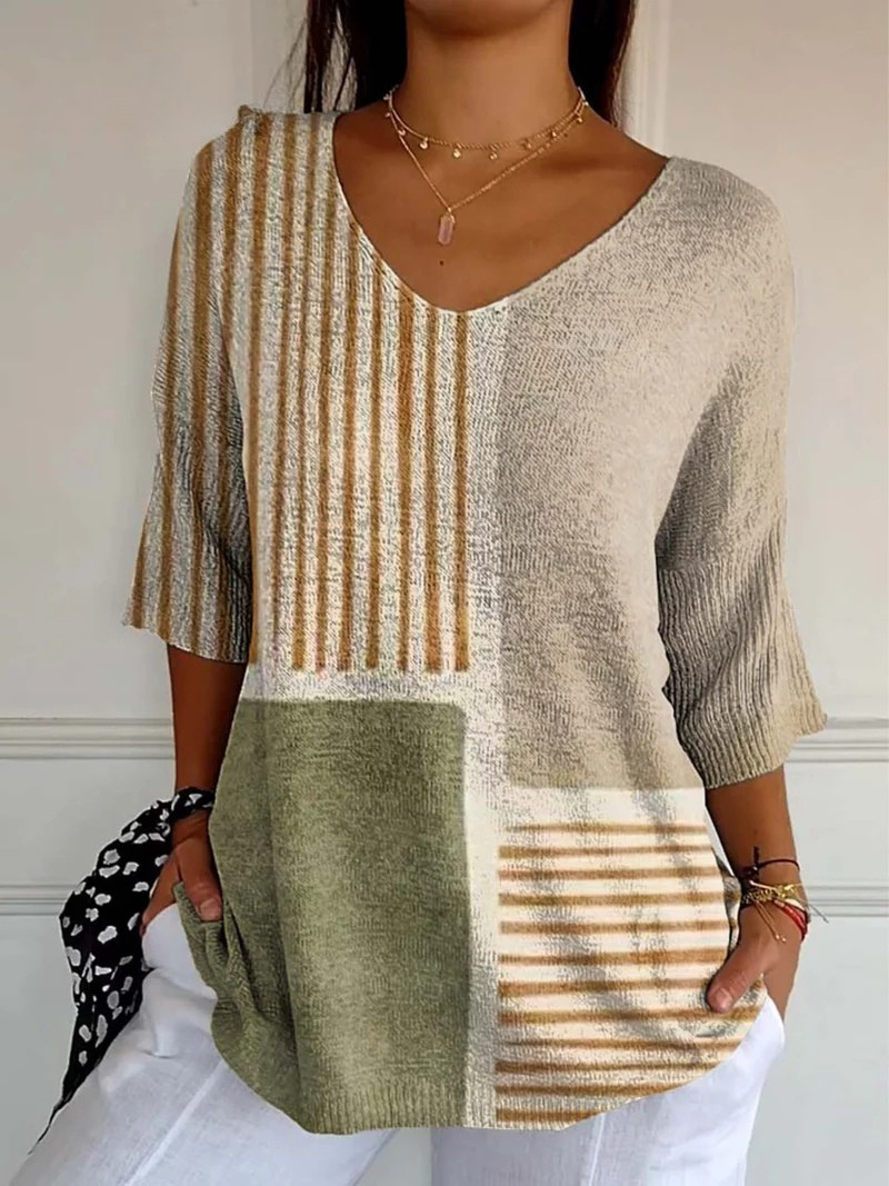 Pull décontracté en maille pour femme avec motif géométrique abstrait imprimé