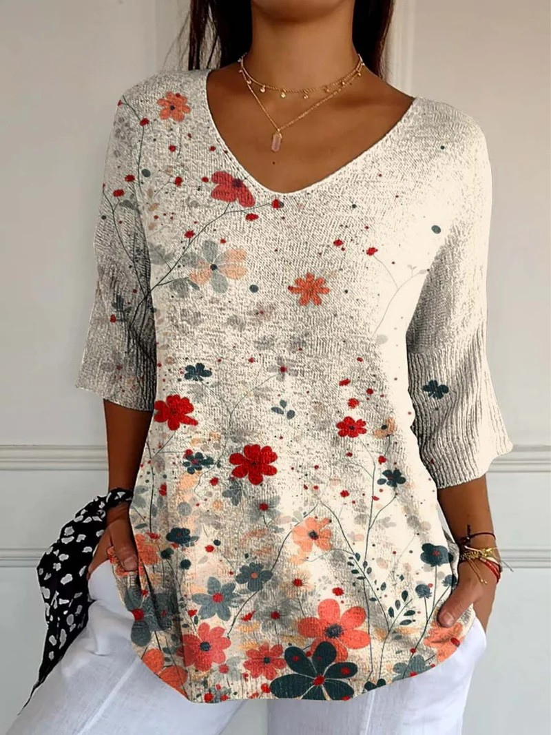 Pull décontracté en maille pour femme avec motif floral vintage imprimé
