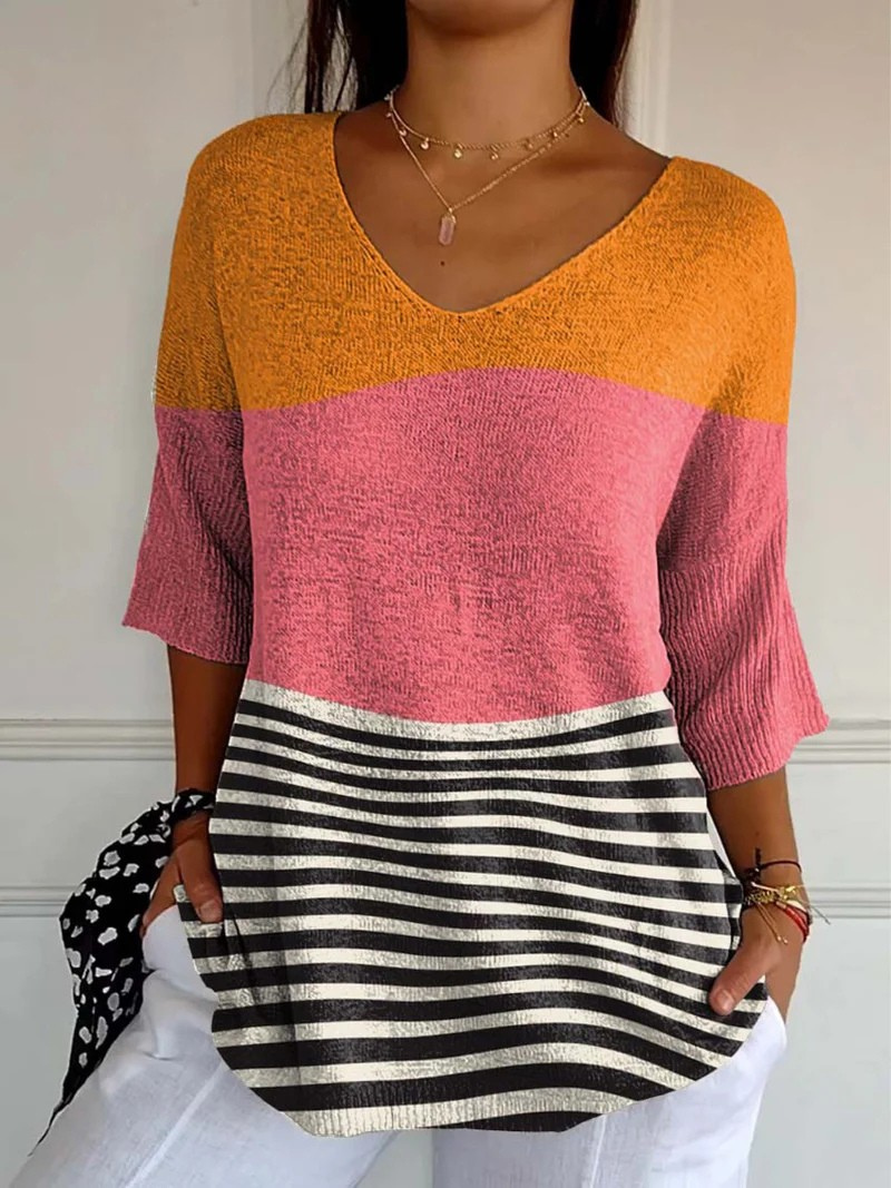 Pull décontracté en maille pour femme avec motif linéaire abstrait imprimé