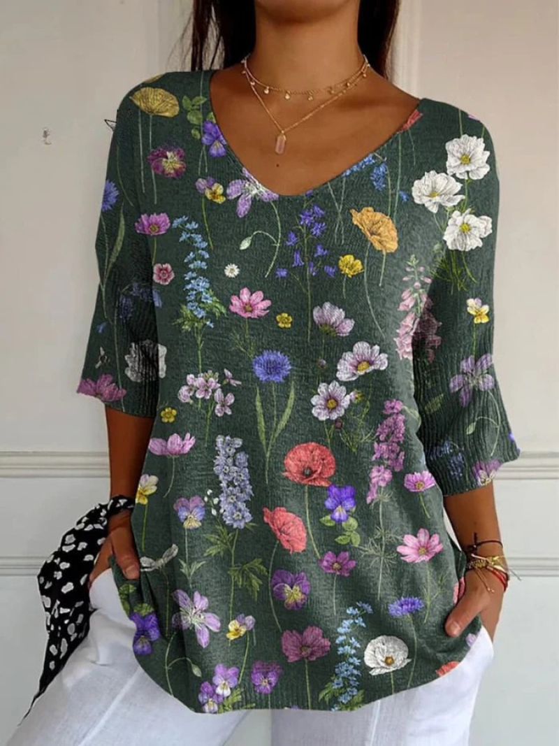 Jersey informal de punto para mujer con estampado de jardín botánico primaveral vibrante