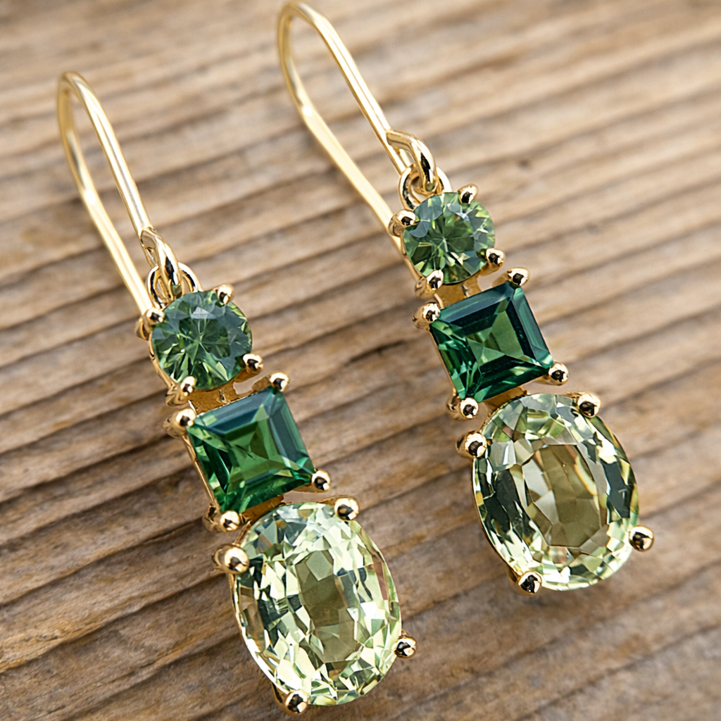 Pendientes geométricos vintage bohemios con circonita verde  