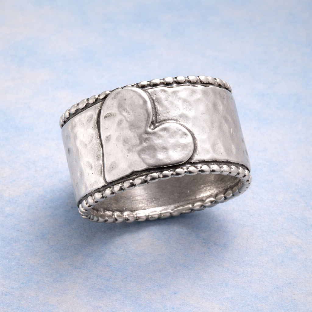 Vintage Handcrafted Silver Plated Wide Band Heart Spinner Ring