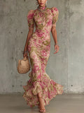 Mae | Robe longue vintage à imprimé de roses et manches bouffantes
