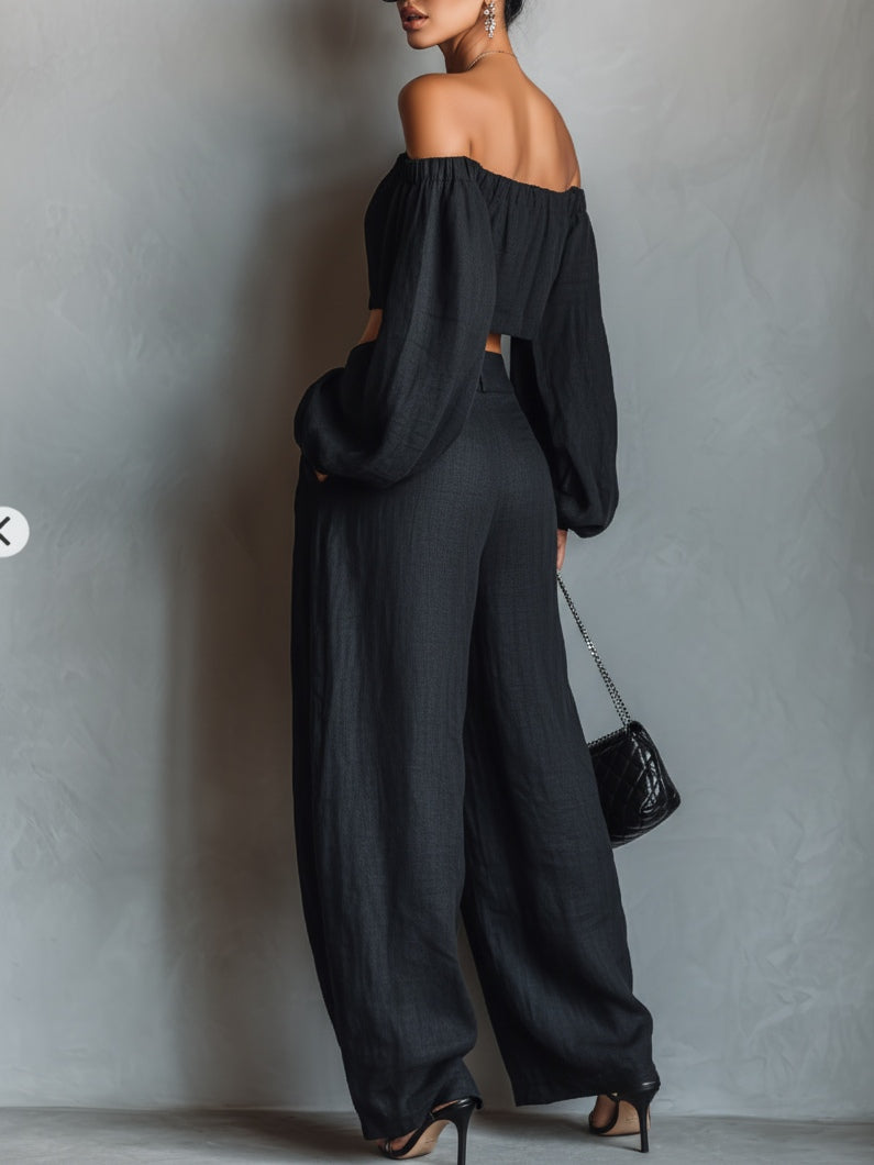 Conjunto de Top Off-Shoulder y Pantalones de Pierna Ancha Serena
