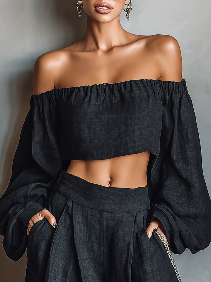 Conjunto de Top Off-Shoulder y Pantalones de Pierna Ancha Serena