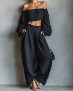 Ensemble Serena avec haut épaules dénudées et pantalon à jambes larges