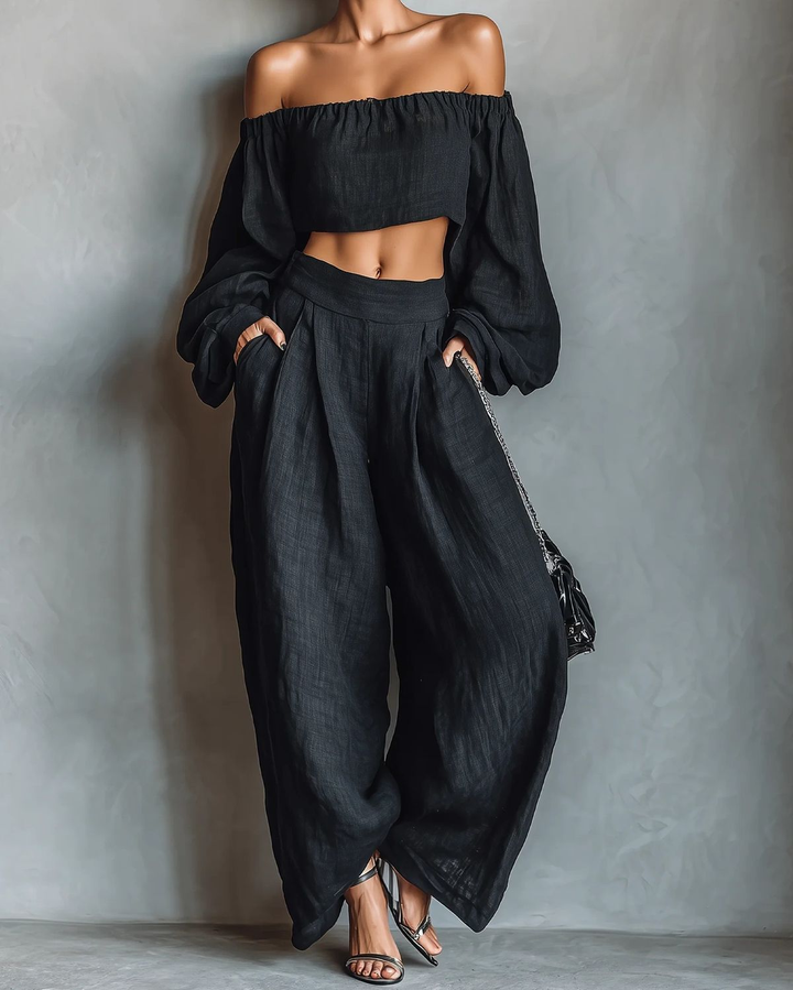 Conjunto de Top Off-Shoulder y Pantalones de Pierna Ancha Serena