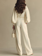 Ensemble haut côtelé à col rond et pantalon large taille haute Sophie