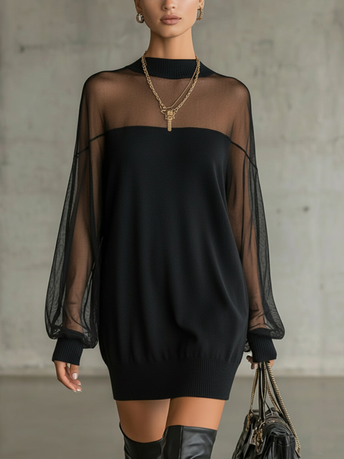 Daisy | Vestido midi negro de cuello alto con mangas de malla