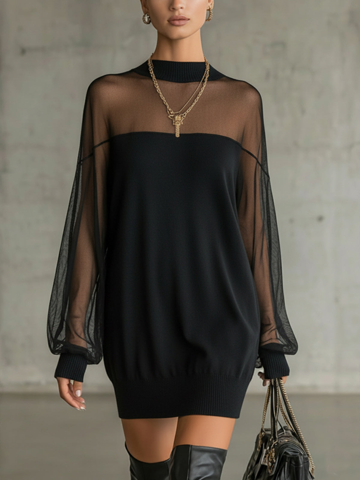Daisy| Vestido midi negro con mangas de malla y cuello alto