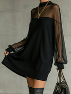 Daisy | Vestido midi negro de cuello alto con mangas de malla