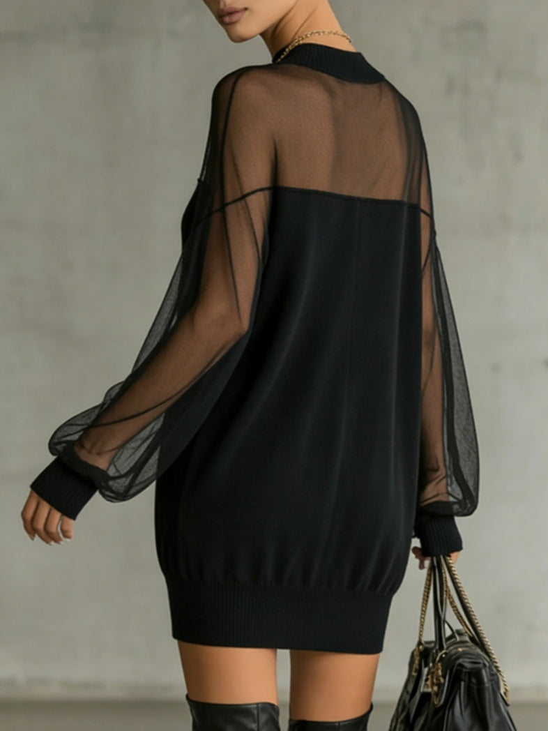 Daisy| Vestido midi negro con mangas de malla y cuello alto