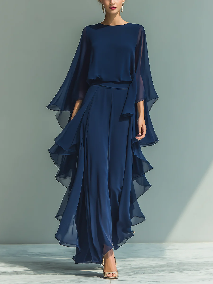 Conjunto de Top de Gasa con Mangas de Campana y Pantalones con Volantes Nina