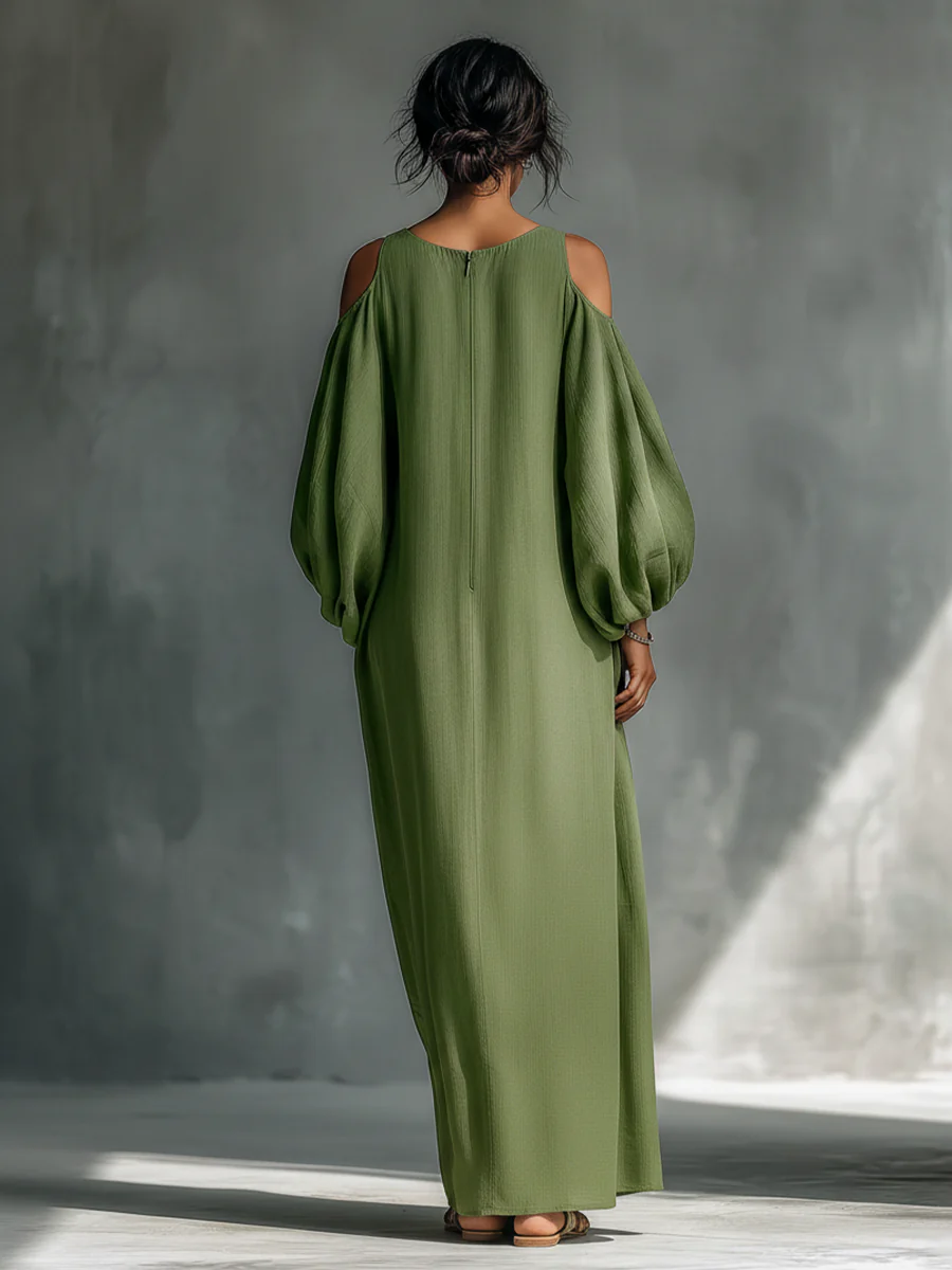 Anika | Vestido maxi verde com ombros à mostra e mangas bufantes