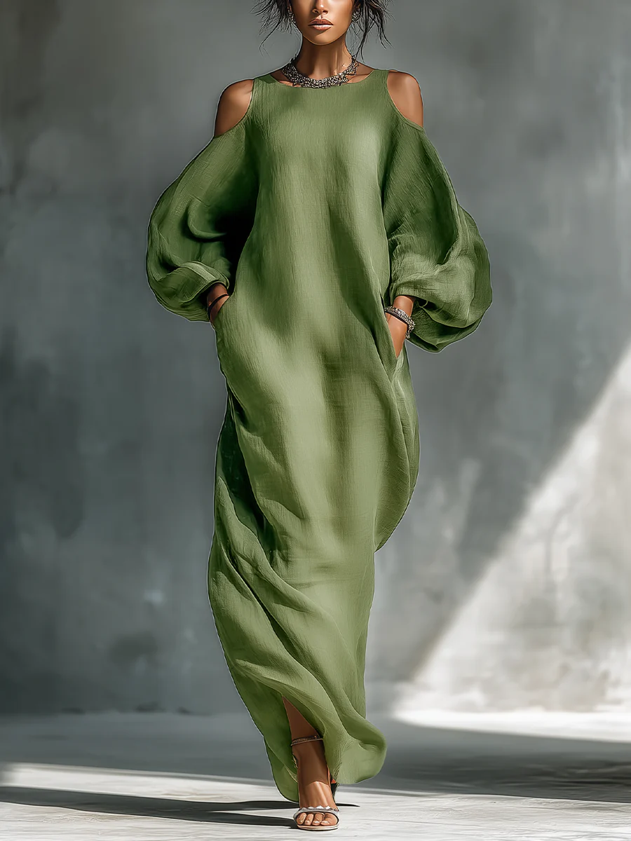 Anika | Vestido maxi verde com ombros à mostra e mangas bufantes