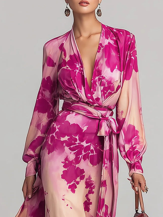 Julia | Vestido maxi con cinturón y estampado floral rosa con escote en V