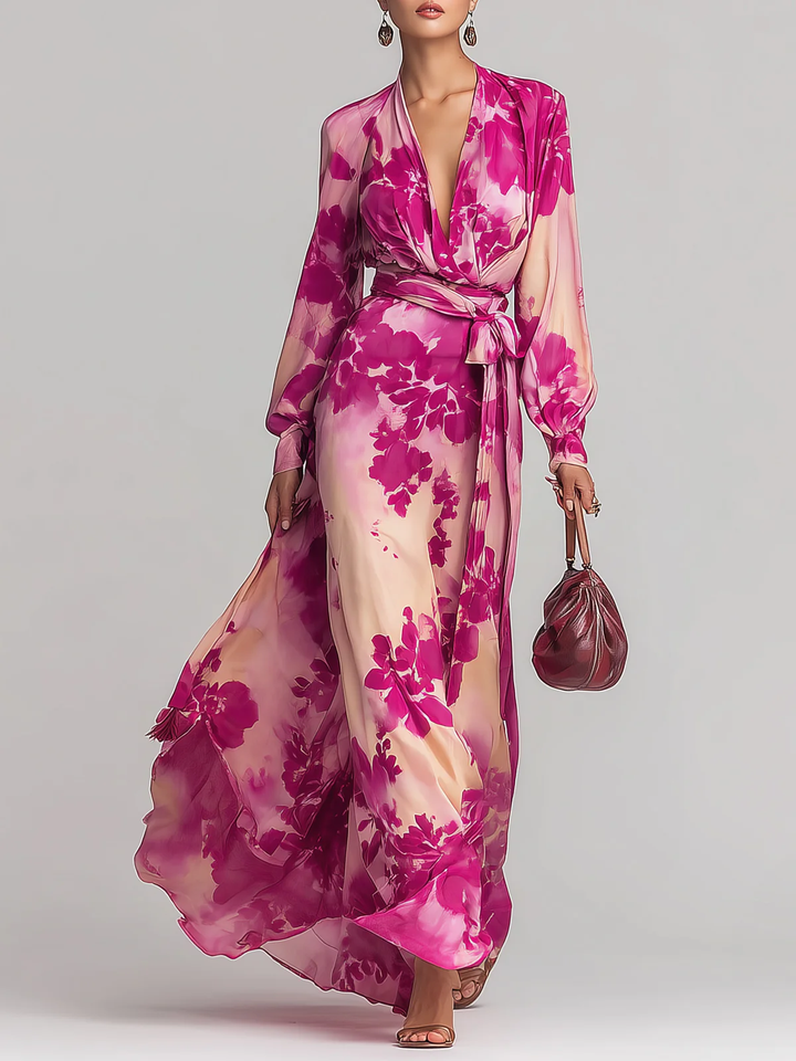 Julia | Vestido maxi con cinturón y estampado floral rosa con escote en V