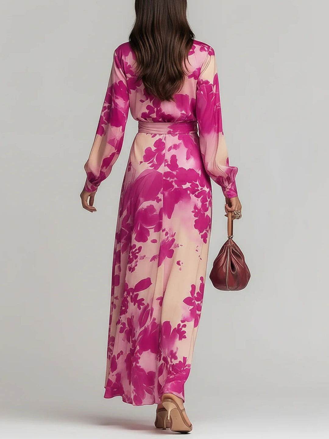 Julia | Vestido maxi con cinturón y estampado floral rosa con escote en V
