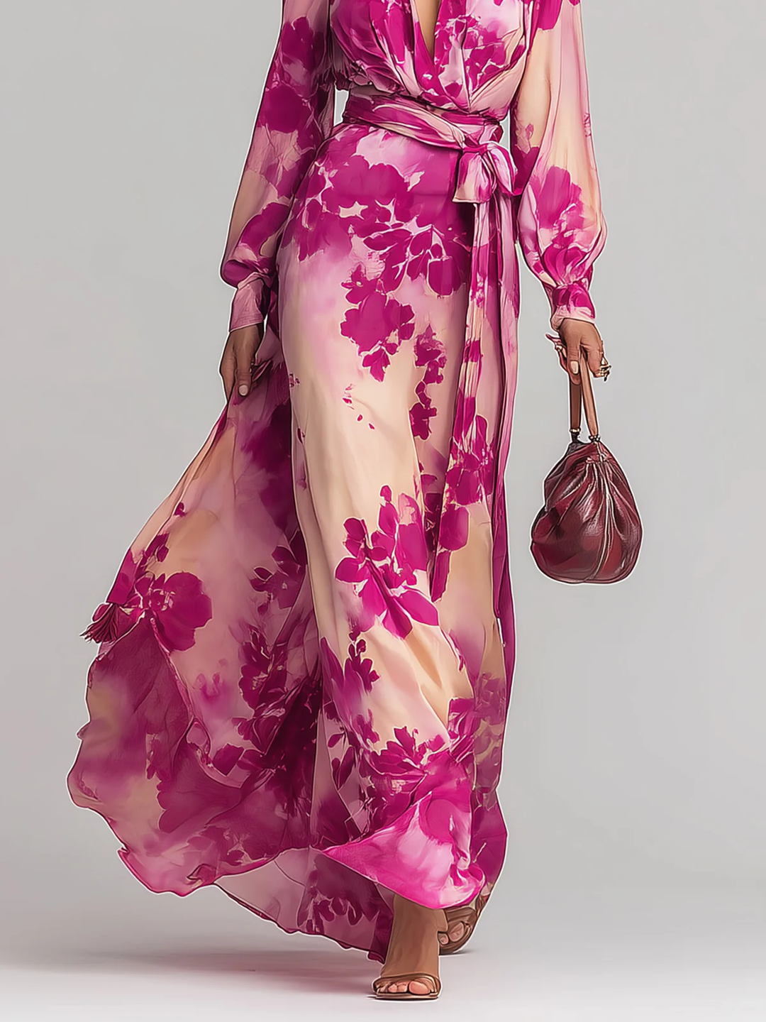 Julia | Vestido maxi con cinturón y estampado floral rosa con escote en V