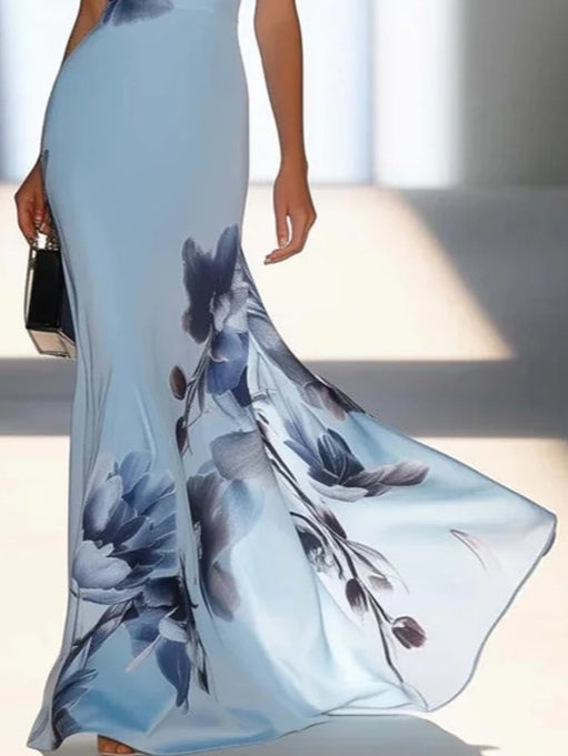 Victoria | Robe longue satinée imprimée à épaules dénudées