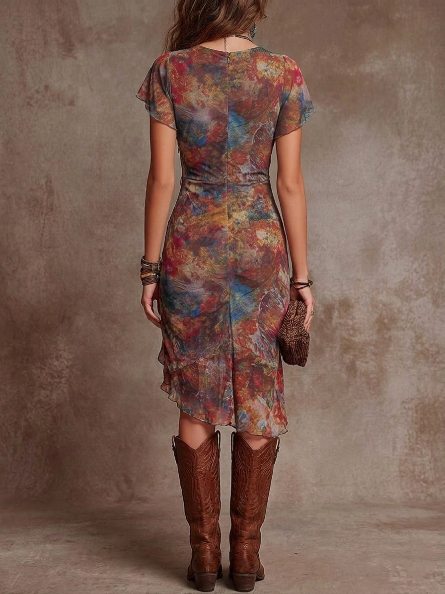Judy | Robe midi plissée bohème à col en V et motif abstrait