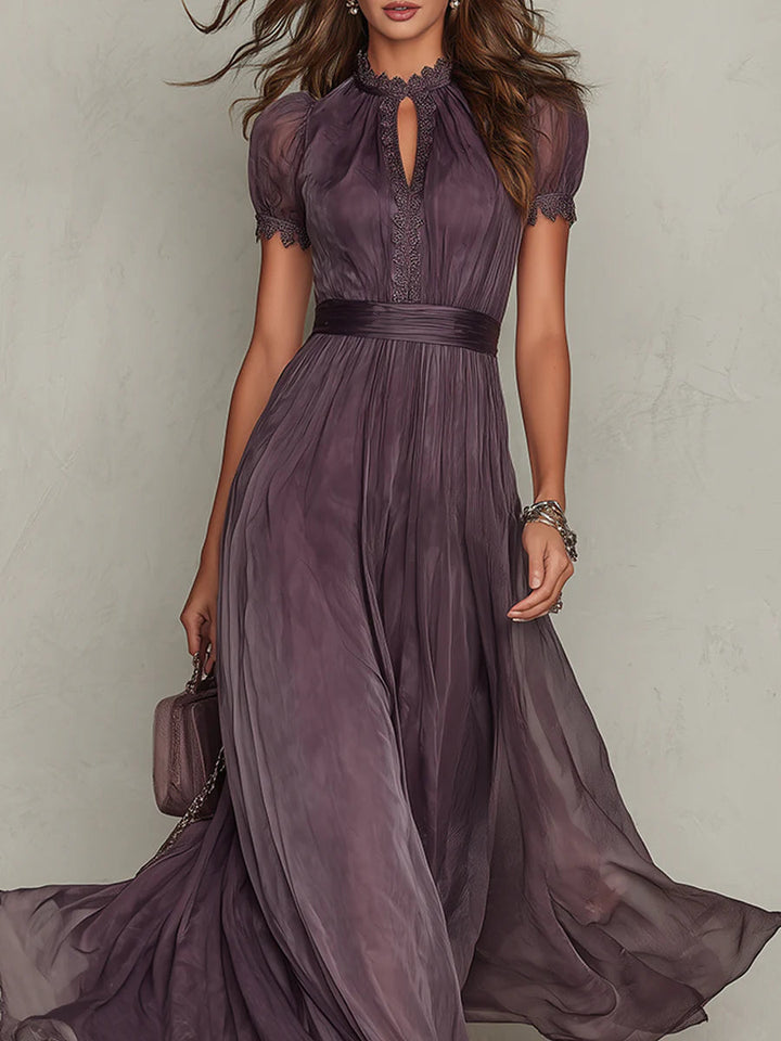 Flavia | Elegant long purple dress with a drop neckline and lace