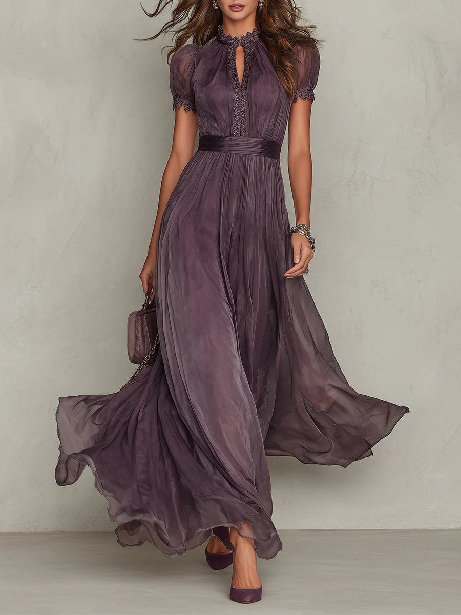 Flavia | Vestido longo roxo elegante com decote profundo e renda