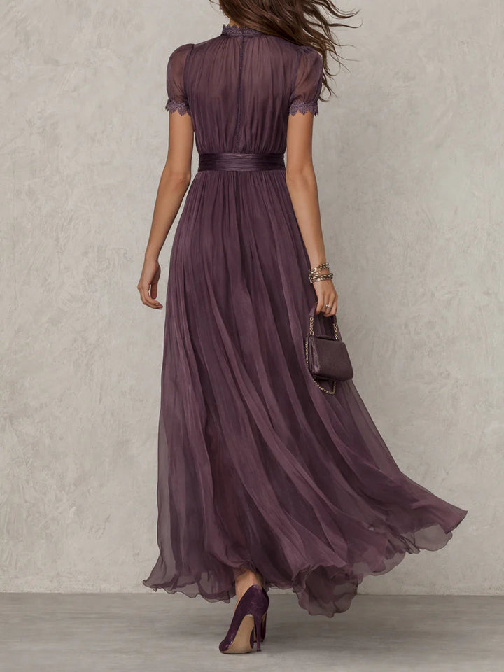 Flavia | Elegant long purple dress with a drop neckline and lace