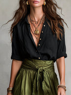 Vera™ | Conjunto de duas peças: blusa preta e saia midi verde-oliva