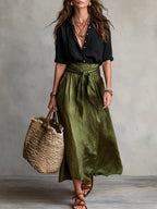 Vera™ | Conjunto de duas peças: blusa preta e saia midi verde-oliva