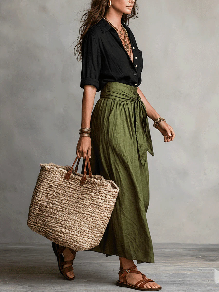 Vera™ | Conjunto de duas peças: blusa preta e saia midi verde-oliva