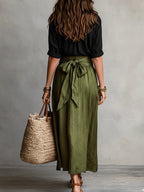 Vera™ | Conjunto de duas peças: blusa preta e saia midi verde-oliva
