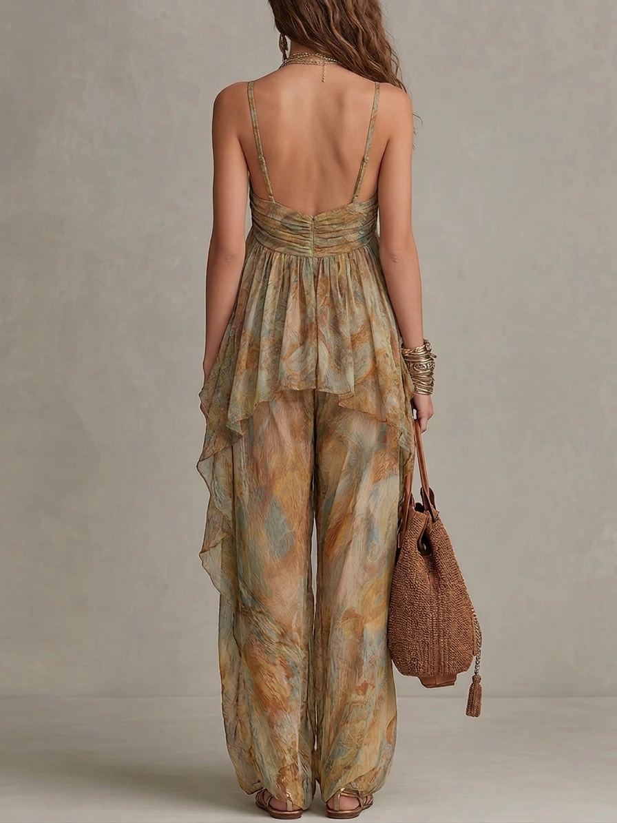 Conjunto Sienna com camisola de chiffon com babados e calça de pernas largas