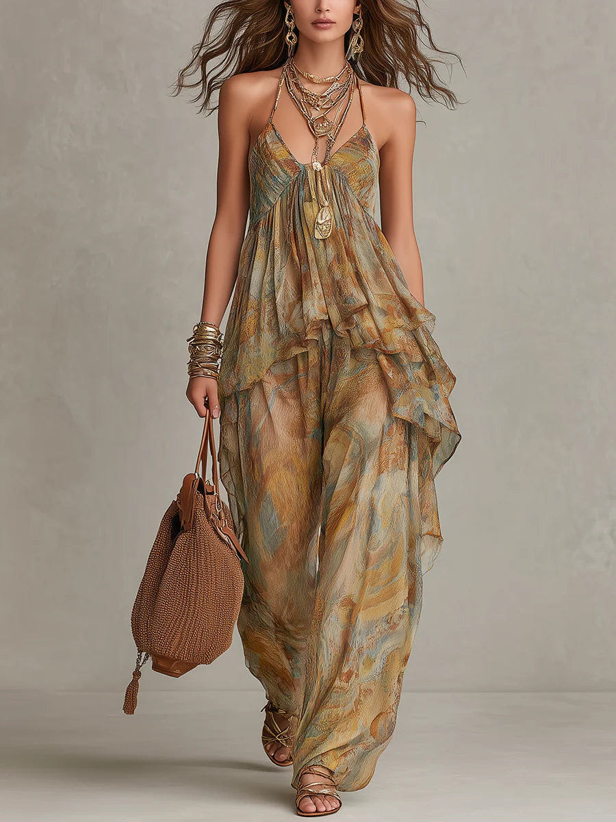 Conjunto de camisola de gasa con volantes y pantalones de pierna ancha Sienna