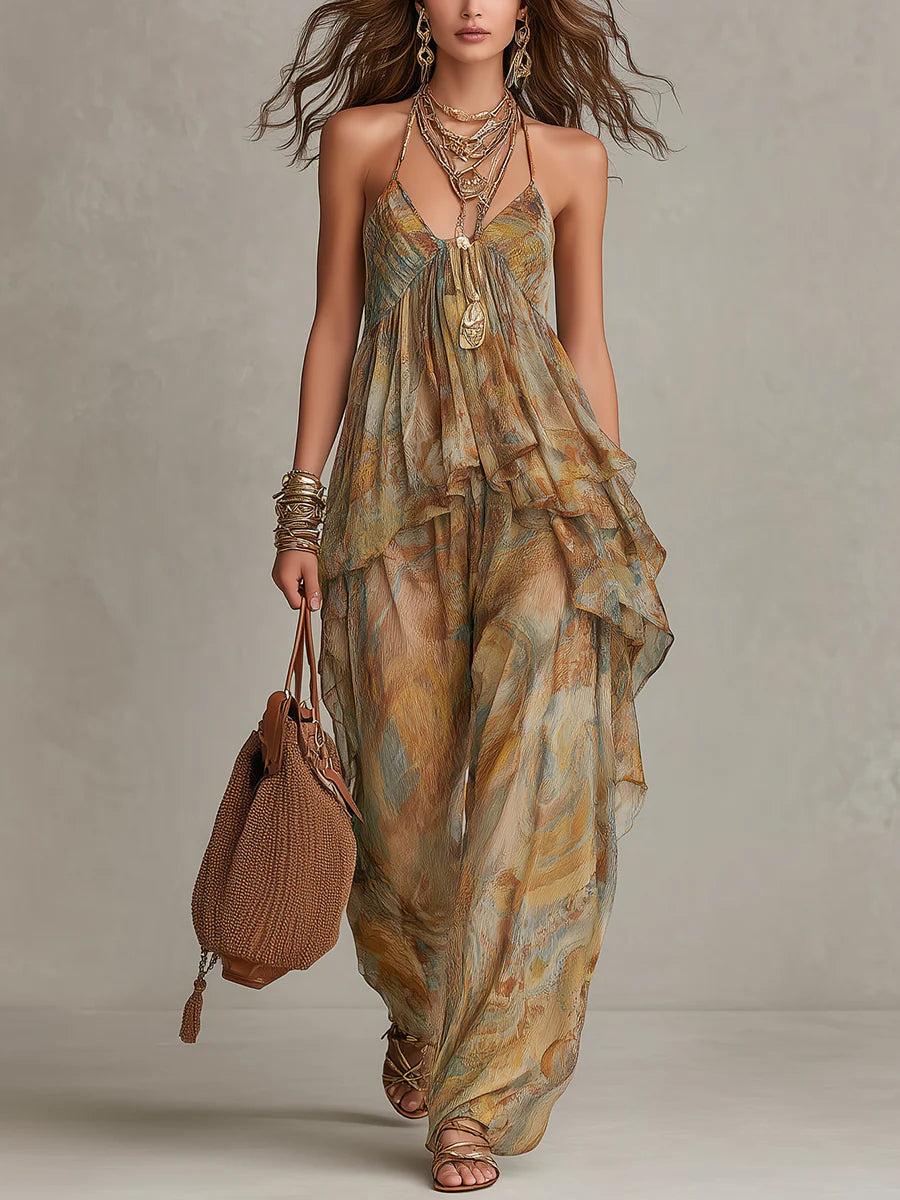 Conjunto Sienna com camisola de chiffon com babados e calça de pernas largas