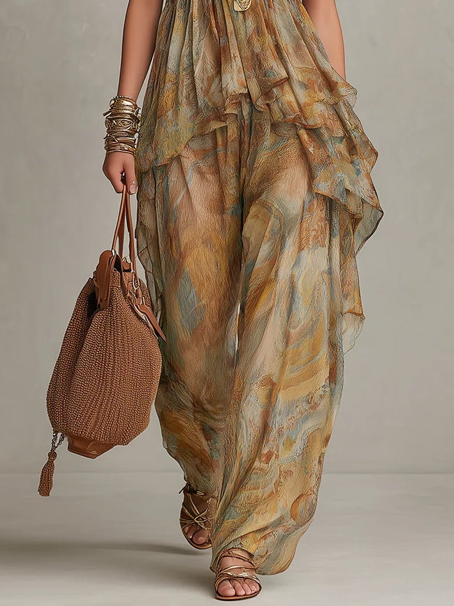 Conjunto Sienna com camisola de chiffon com babados e calça de pernas largas