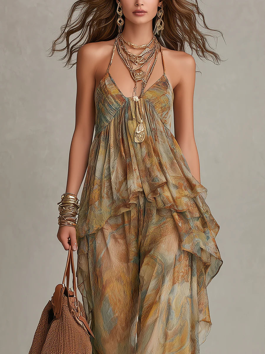 Conjunto Sienna com camisola de chiffon com babados e calça de pernas largas