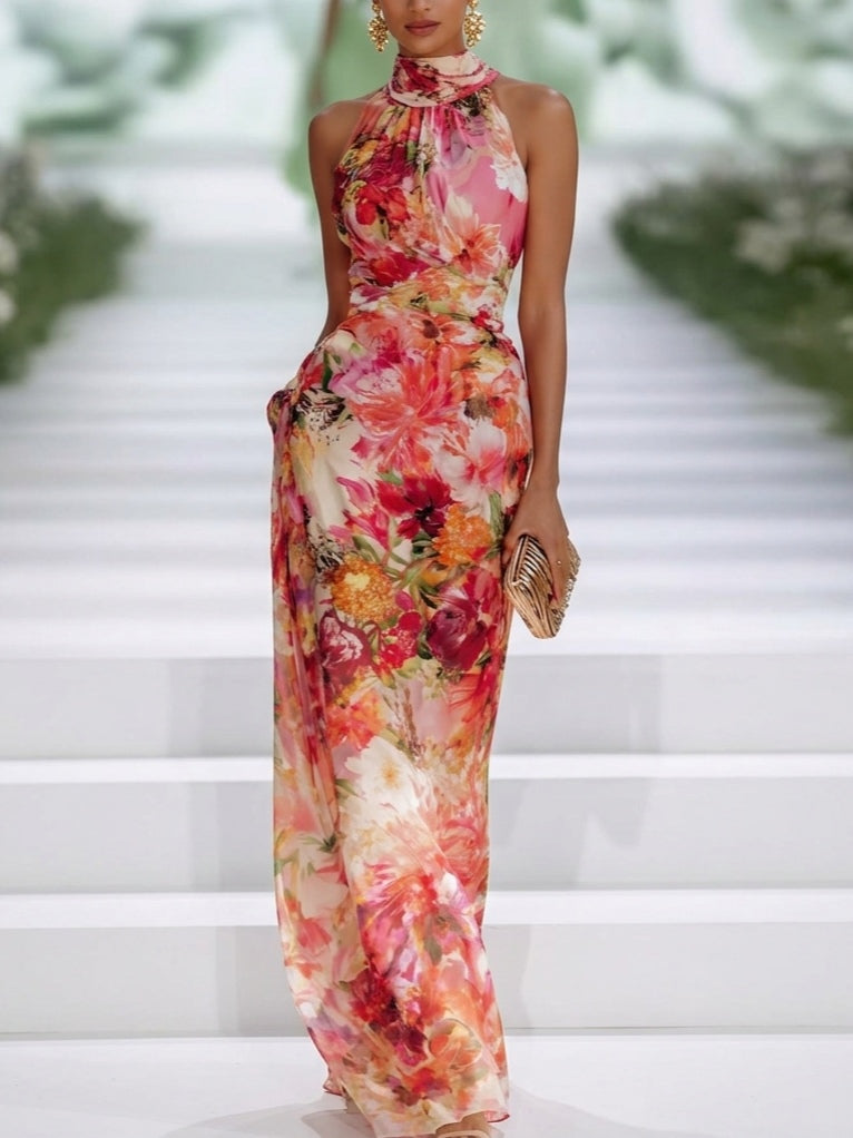 Fae | Vestido maxi vermelho floral de chiffon sem mangas