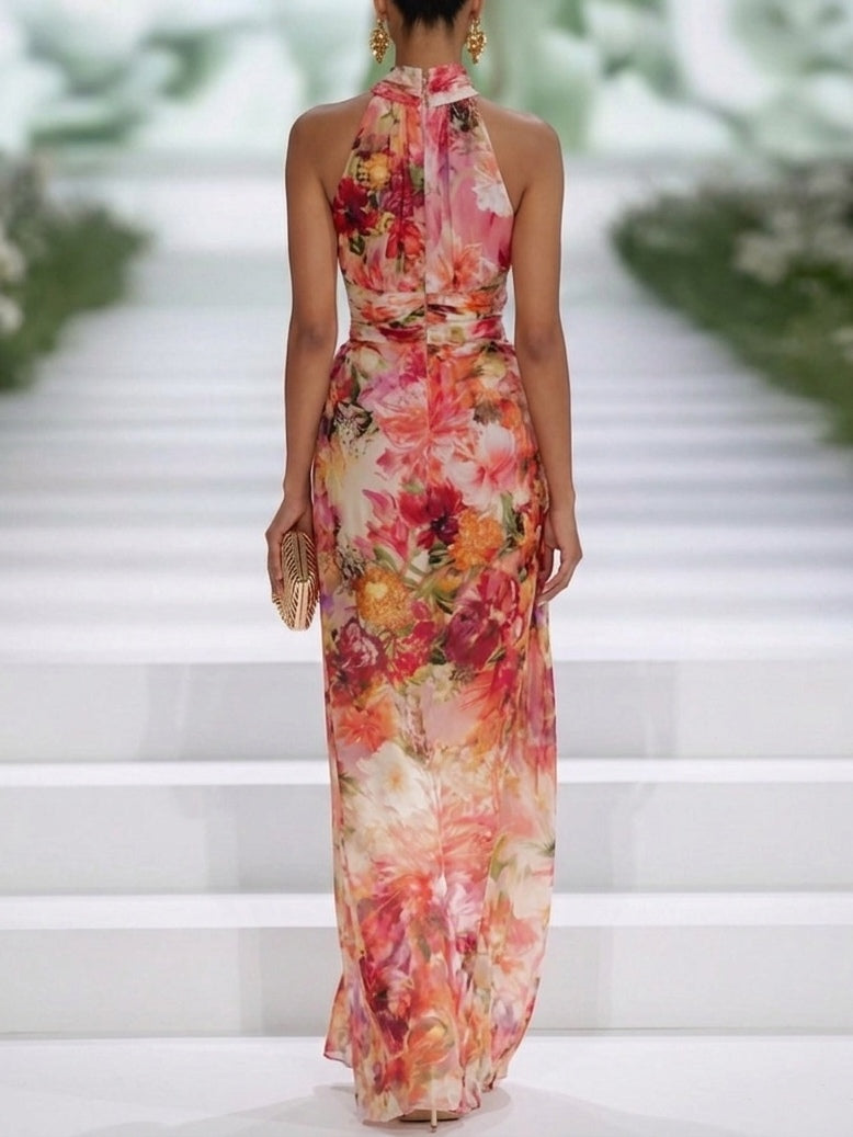 Fae | Vestido maxi vermelho floral de chiffon sem mangas