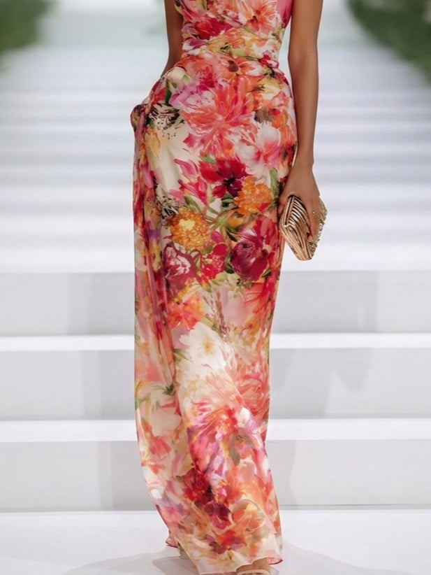 Fae | Vestido maxi vermelho floral de chiffon sem mangas