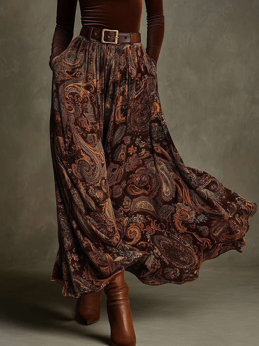 Conjunto Vivienne de blusa de veludo e saia longa de estampa paisley