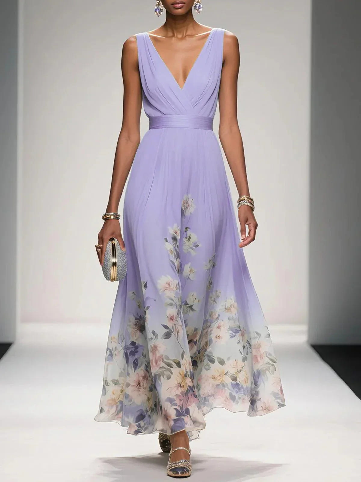Rose | Vestido maxi floral azul-claro de chiffon com decote em V