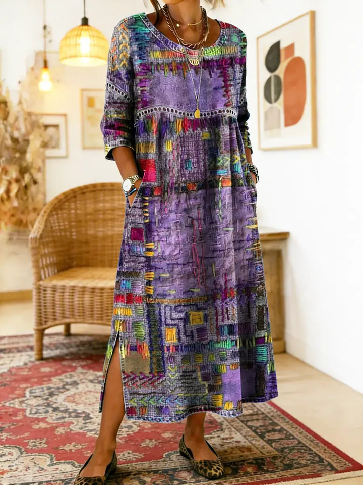 Manuela | Vestido estampado com patchwork étnico