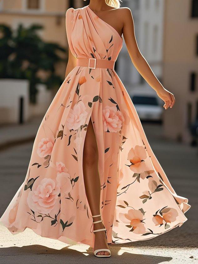 Julie | Vestido maxi de gasa verde claro con flores y un solo hombro