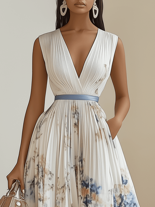 Chloe | Robe midi blanche en mousseline à imprimé floral, col en V et plis